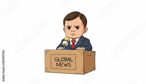 Cartoon News Reporter Delivering Global News from Cardboard Box Podium.