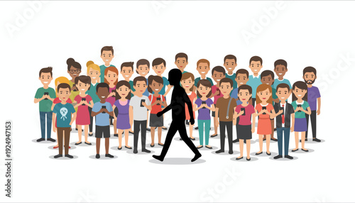 Diverse group of people standing with one person walking forward.