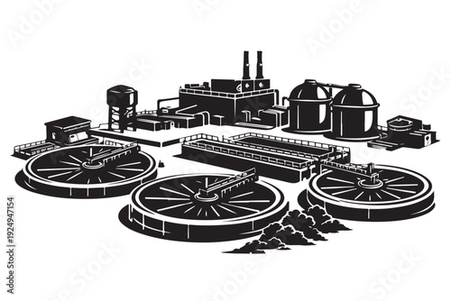 Water Treatment Facility Silhouette, Vector Illustration, Isolated on White Background