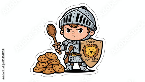 Brave cartoon knight with spoon and shield guarding delicious cookies.