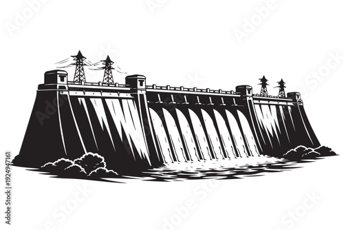 Dam Silhouette, Vector Illustration, Isolated on White Background