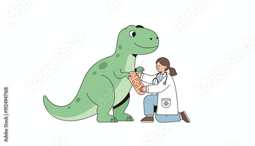 Veterinarian Examining Dinosaur Patient Illustration.