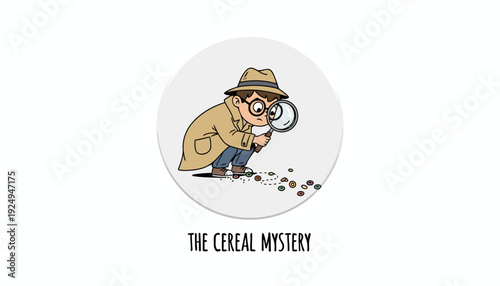 Cartoon Detective Character Investigating Clues with Magnifying Glass.