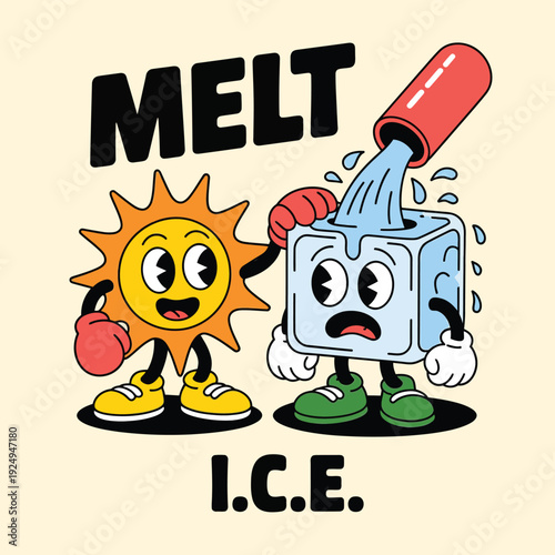 Cartoon depiction of melting ice with a sun and ice cube character using a glue gun isolated on white background, Vector, illustration