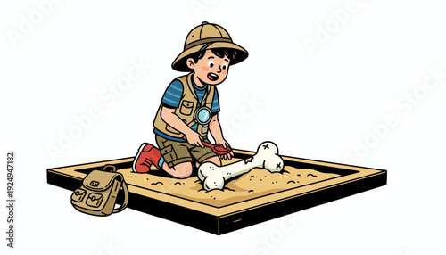 Young Boy Playing Archaeologist Discovering Dinosaur Bone in Sandbox.