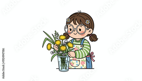 Young Girl Arranging Freshly Picked Dandelions in a Clear Vase.