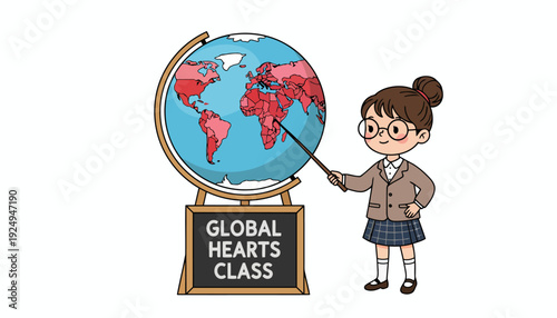 Young female student presenting global hearts class using a globe.