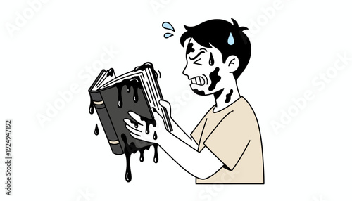Frustrated Man Reading Book Dripping with Black Ink.