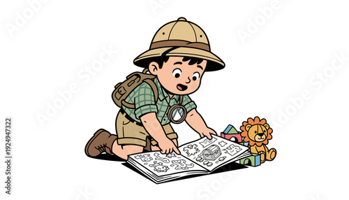 Young Boy Explorer Reading Book with Safari Hat and Backpack.