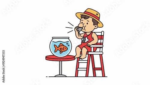 Cartoon lifeguard blowing whistle next to goldfish in bowl on table.