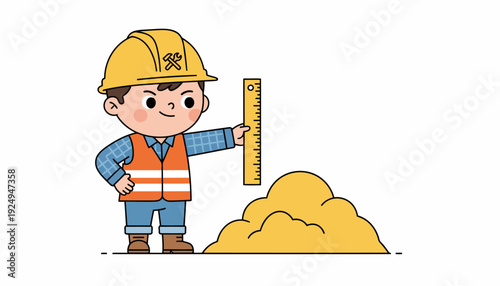 Young construction worker in hard hat holding ruler next to sand pile.