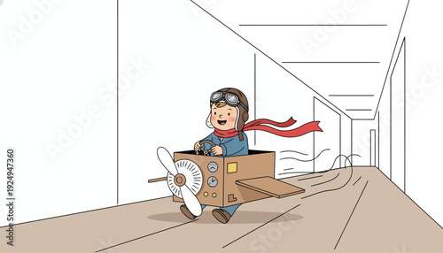 Happy child playing pilot in a cardboard airplane, imagining flight and adventure.