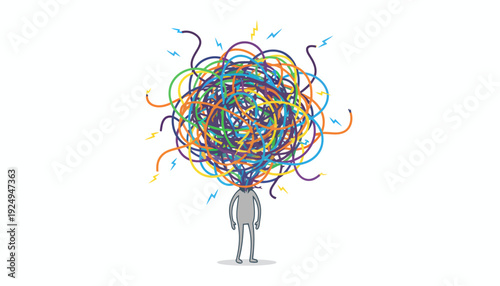 Abstract illustration of a person with a tangled, colorful mess representing complex thoughts and mental confusion.