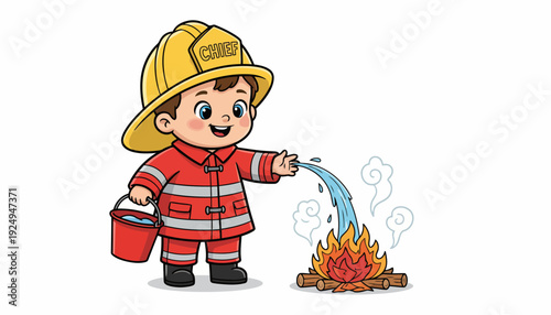 Brave Young Firefighter Extinguishing Fire with Bucket and Hose.