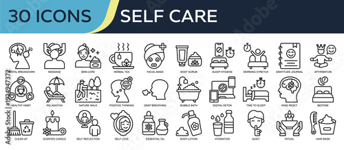 Collection of Self Care icons, related to Massage, Skin care, Facial Mask, Healthy Habit, Positive Thinking and more. Outline icons vector illustation.