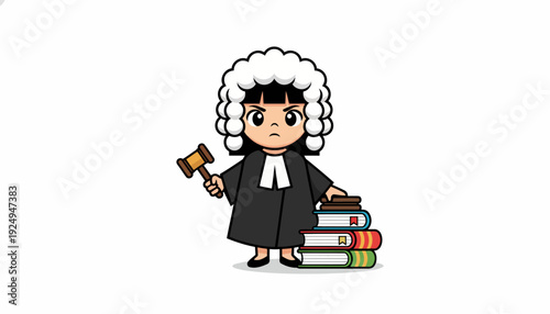 Cute Cartoon Judge Character with Gavel and Law Books.