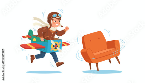 Joyful Boy Pilot Flying Cardboard Airplane Imagining Adventure.