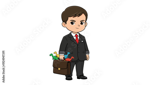 Chibi Businessman Carrying Briefcase with Colorful Items.