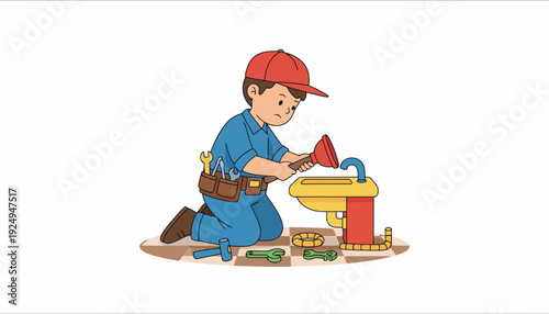 Young boy playing with toy tools and sink, imagining himself as a plumber.