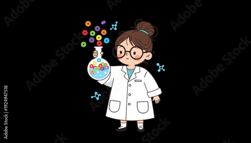 Young Scientist Girl Experimenting with Colorful Chemicals in Laboratory.