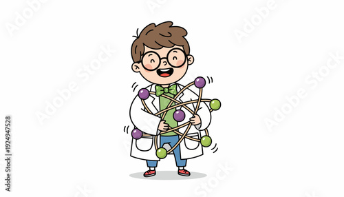 Happy Young Scientist Boy Holding Atom Model Illustration.