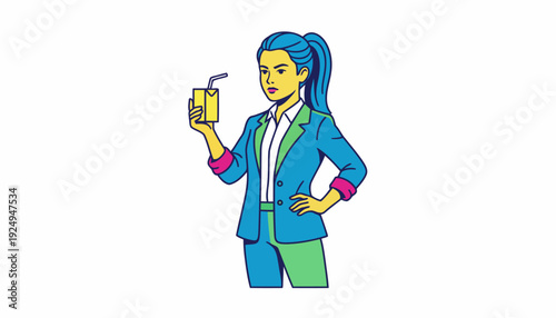 Professional Woman Enjoying Refreshing Drink in Business Attire.