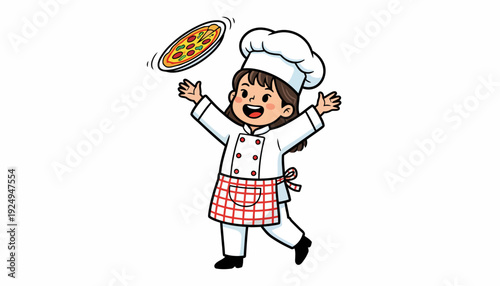 Happy young girl chef tossing delicious pizza in air.