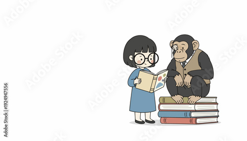 Little girl reading book to a chimpanzee sitting on stack of books.