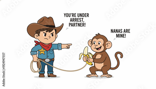 Cartoon Cowboy Arresting Monkey for Banana Theft.