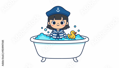 Cute cartoon girl sailor taking a relaxing bubble bath with rubber duck.