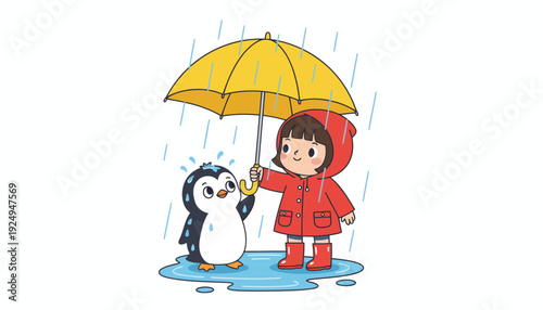 Cute Little Girl Sharing Umbrella with Penguin in Rain.