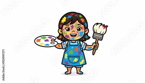 Happy young artist covered in colorful paint holding brush and palette.