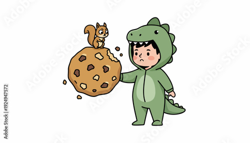 Cute child in dinosaur costume holding a giant bitten cookie with a squirrel.