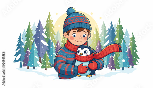 Happy Boy Embracing Small Penguin in Winter Wonderland Scene.