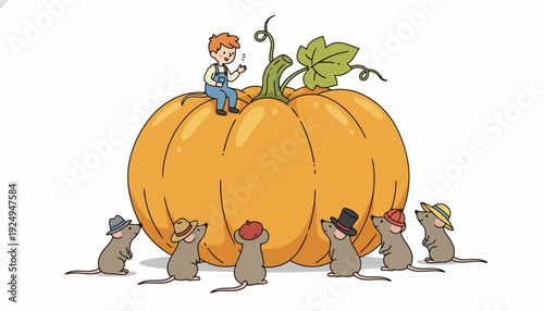 Small boy sitting on a giant pumpkin surrounded by mice in hats.