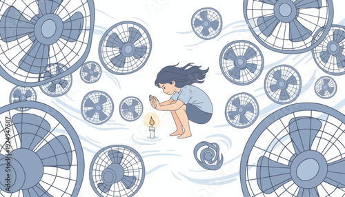 Small girl protecting a tiny candle flame from many strong fans.