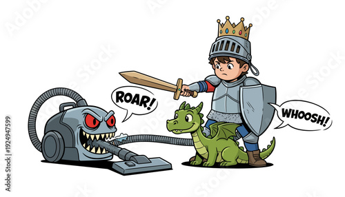 Brave knight and loyal dragon battling menacing vacuum cleaner monster.