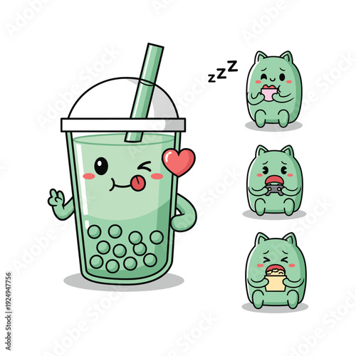 Cute cartoon bubble tea character with different cat emotions on white background