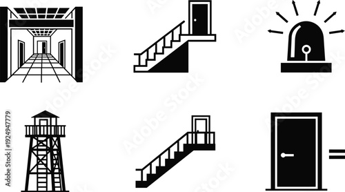Emergency exit and building safety icon set with stairs, hallway, siren alarm, watchtower, and door vector silhouettes for security design.