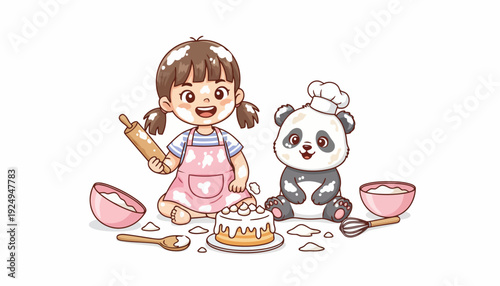 Happy little girl baking cake with cute panda friend.