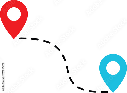 Two location pins connected by a dashed route line on a minimalist map background