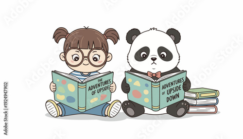 Cute girl and panda reading books together, learning, and studying.