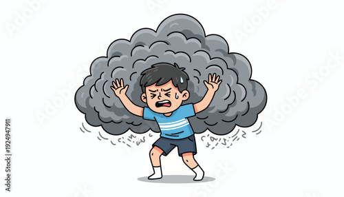 Stressed Boy Carrying Heavy Cloud Burden Illustration.