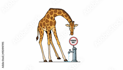 Thirsty Giraffe Drinking Water from a Small Faucet.