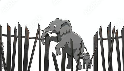 Mother Elephant and Calf Navigating a Broken Wooden Fence.