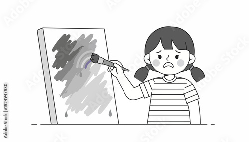 Sad Little Girl Painting on Canvas with Brush.