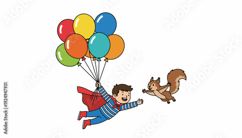 Superhero Boy Flying with Balloons Alongside a Squirrel.