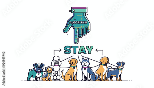 Illustration of a hand with the word Algorithm pointing down at several dog breeds with the word Stay.