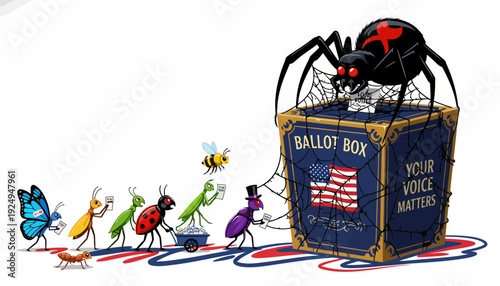 Insects Voting at Ballot Box with Spider on Top.