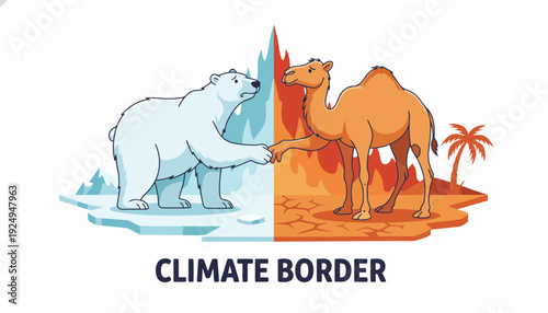 Polar Bear and Camel Handshake Climate Border Concept.